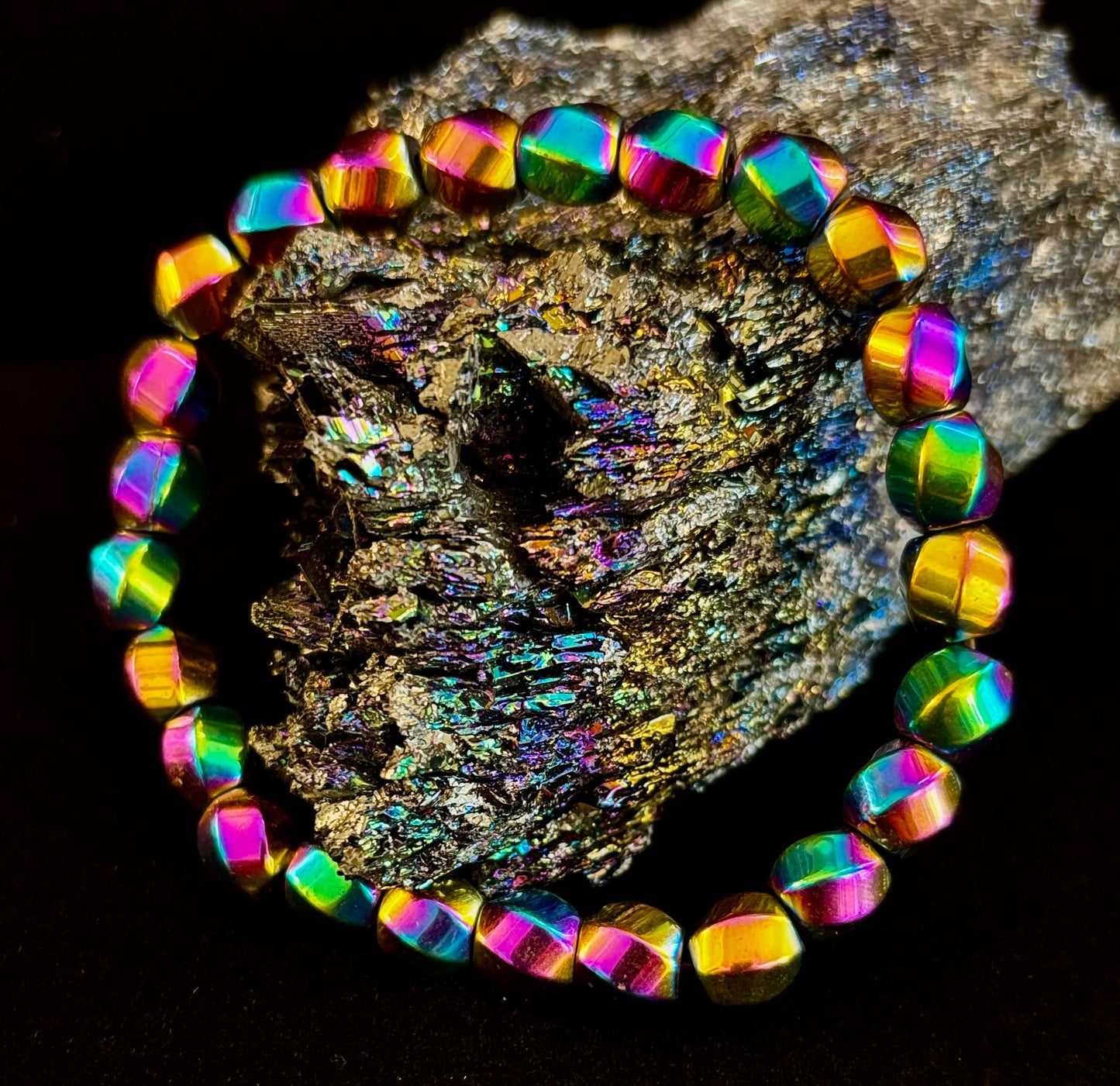 Rainbow Hematite Geometric Beaded Bracelet – Pride & Power for Large Wrists