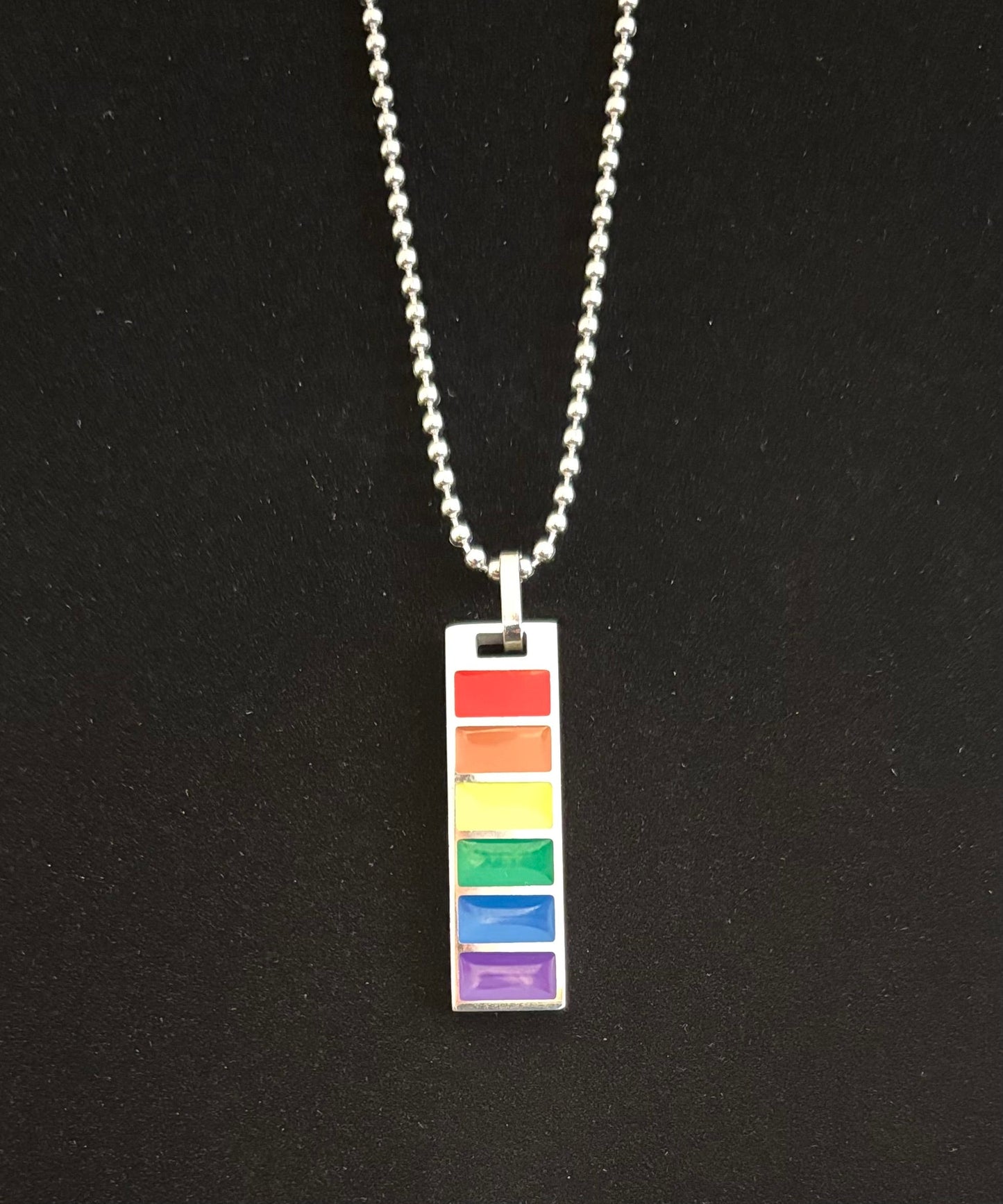 LGBTQ+ Pride Bar Pendant Necklace – Rainbow Enamel on Stainless Steel