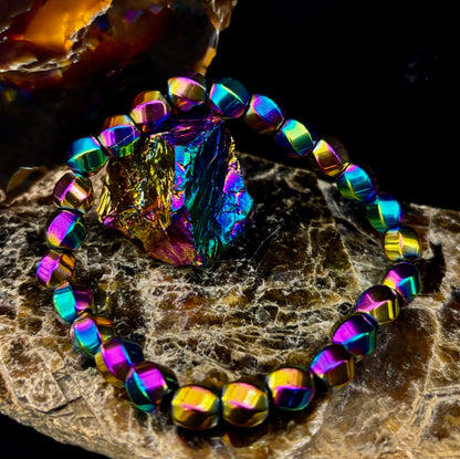 Rainbow Hematite Geometric Beaded Bracelet – Pride & Power for Large Wrists