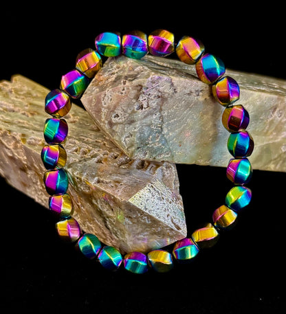 Rainbow Hematite Geometric Beaded Bracelet – Pride & Power for Large Wrists