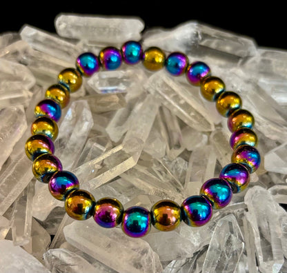 Rainbow Hematite Round Beaded Bracelet – Pride & Strength for Medium to Large Wrists