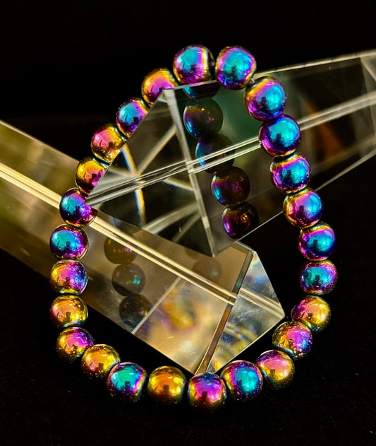 Rainbow Hematite Round Beaded Bracelet – Pride & Strength for Medium to Large Wrists