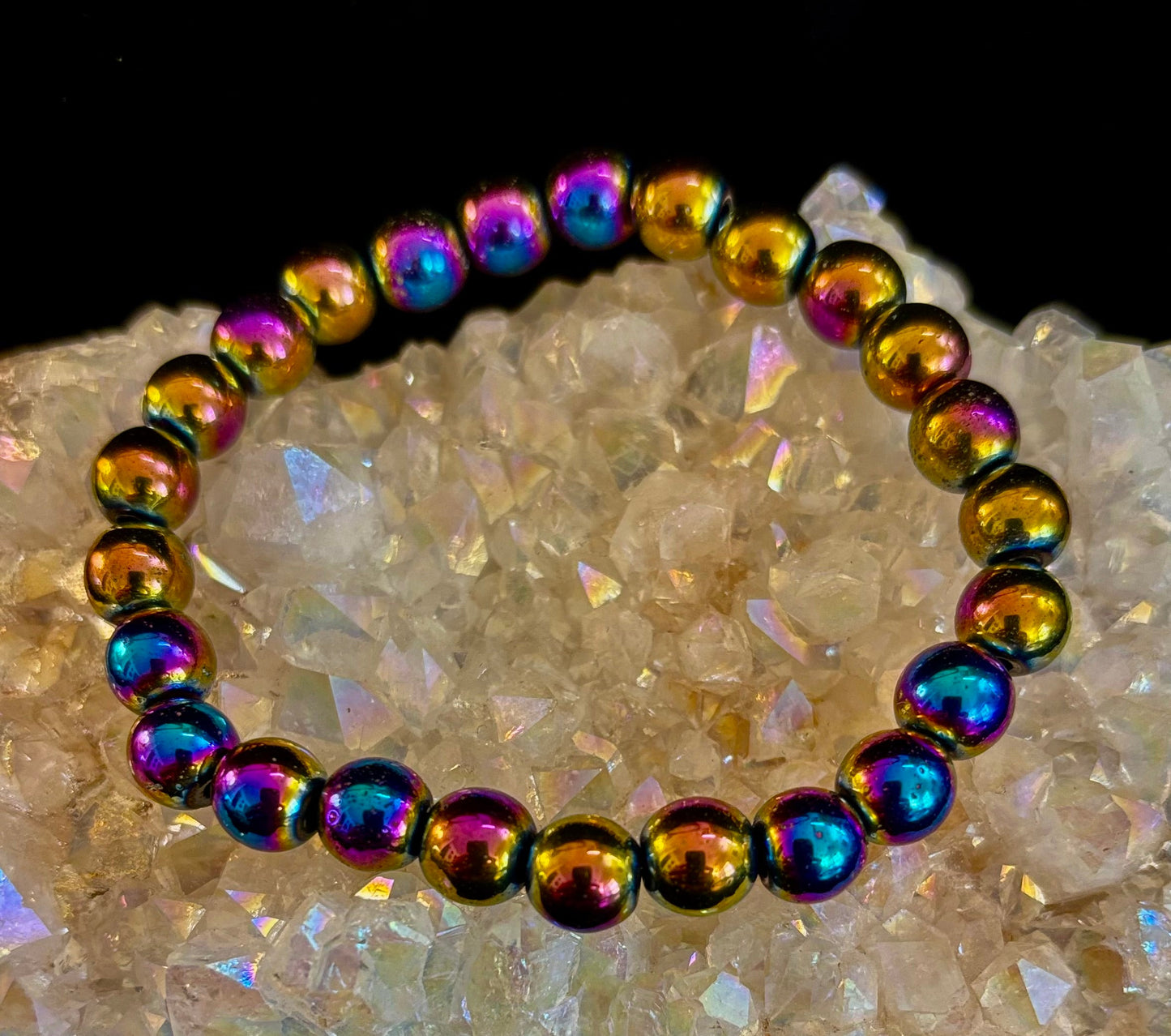 Rainbow Hematite Round Beaded Bracelet – Pride & Strength for Medium to Large Wrists