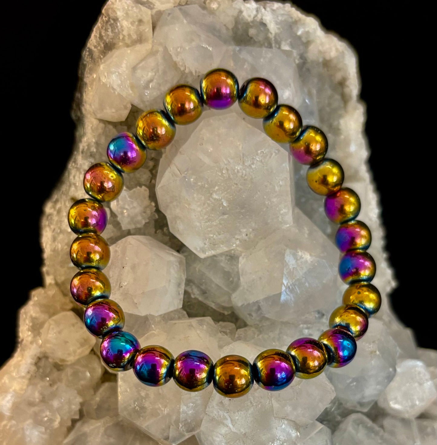 Rainbow Hematite Round Beaded Bracelet – Pride & Strength for Medium to Large Wrists