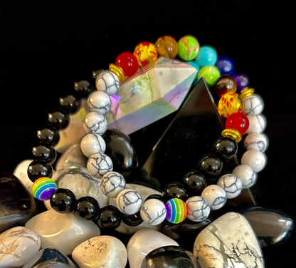 🌈 Faux Stone Chakra Bracelets with Pride Bead – White or Black
