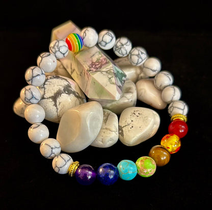 🌈 Faux Stone Chakra Bracelets with Pride Bead – White or Black