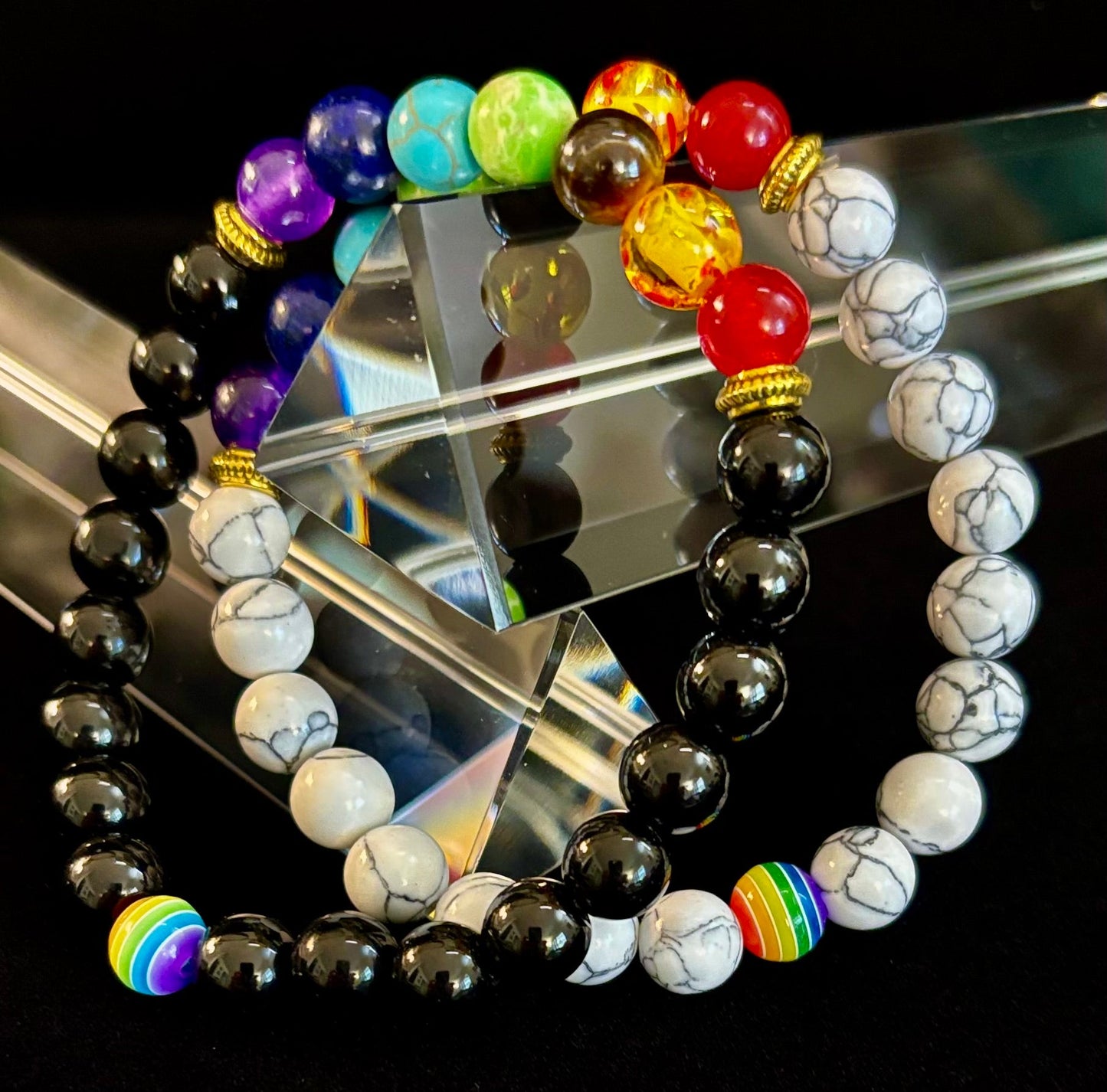 🌈 Faux Stone Chakra Bracelets with Pride Bead – White or Black