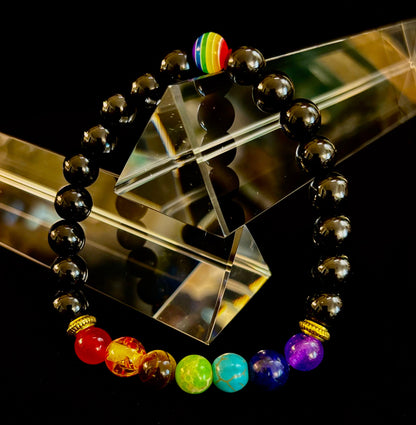 🌈 Faux Stone Chakra Bracelets with Pride Bead – White or Black