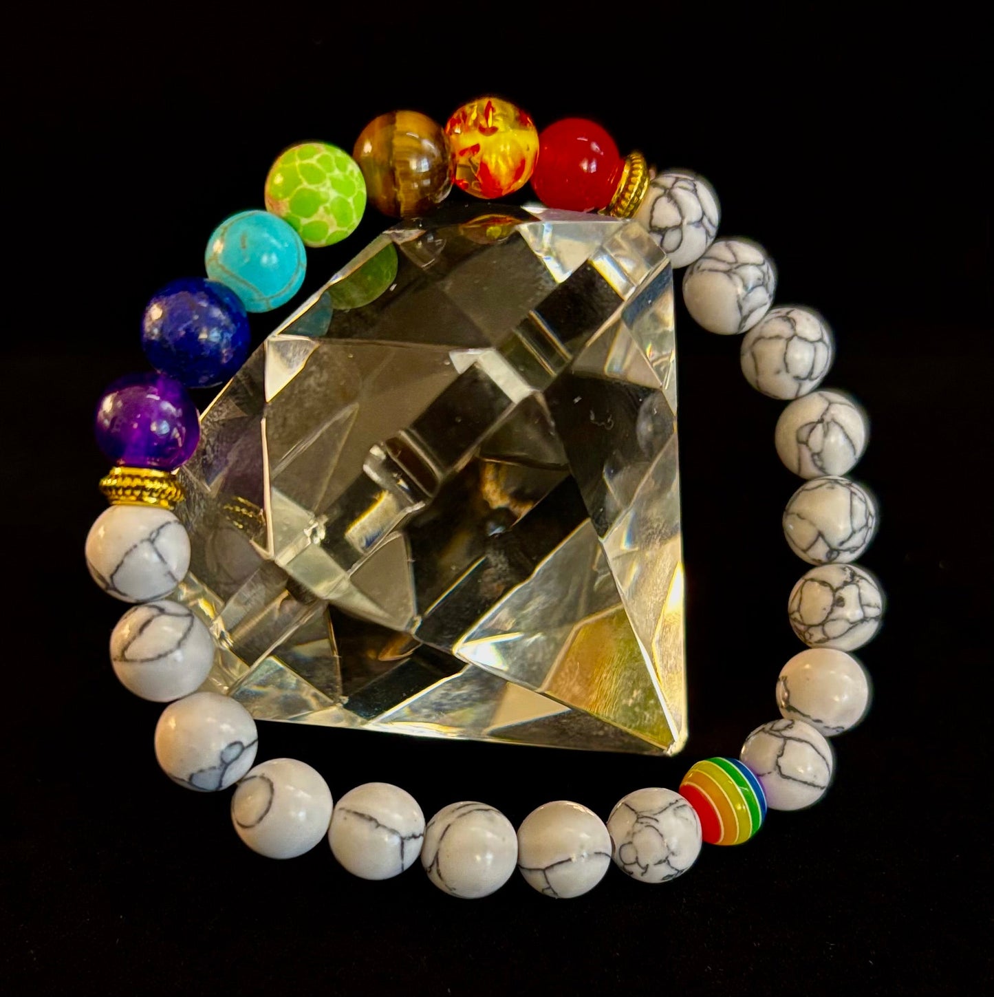 🌈 Faux Stone Chakra Bracelets with Pride Bead – White or Black